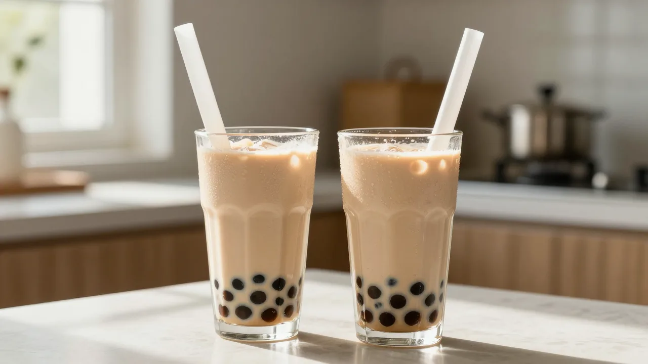 Two tall clear cups of milk tea with tapioca pearls and wide straws on a sunlit kitchen counter