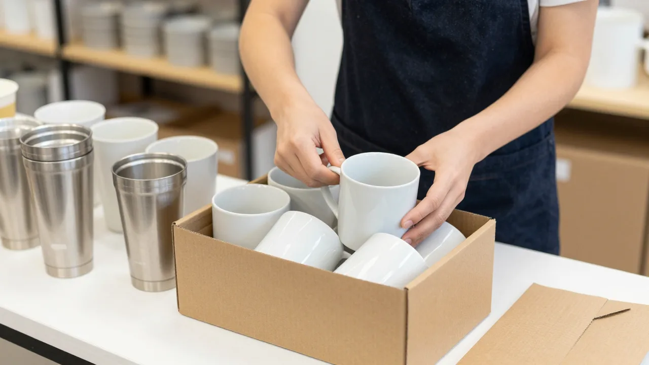 Small business owner unpacking a box of plain ceramic mugs and stainless tumblers on a shop counter in bright daylight