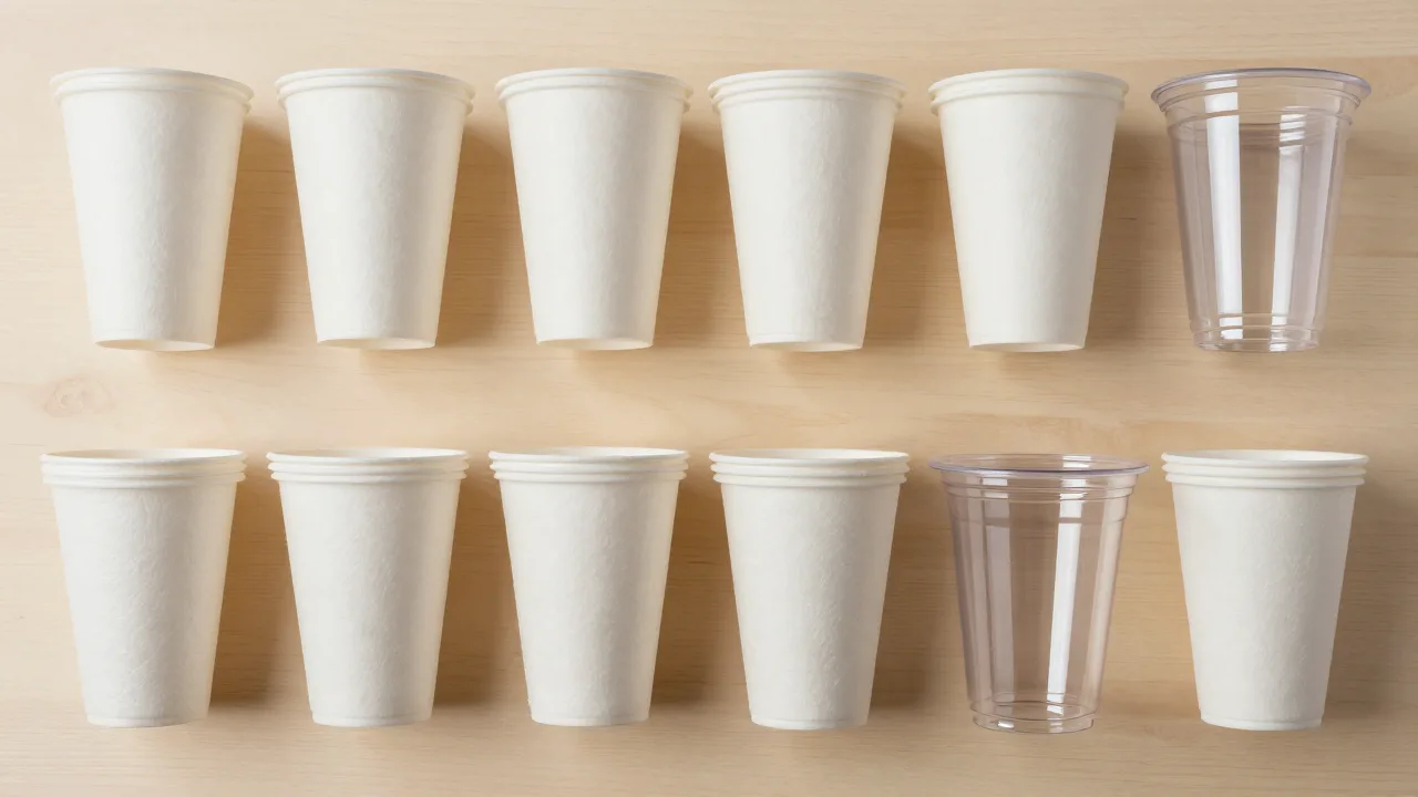 Overhead flat-lay of plain paper, molded fiber, and clear plastic to-go cups arranged in rows on a light wooden surface