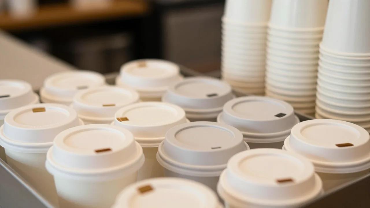 Close-up of an assortment of unmarked cup lids laid out on a cafe counter beside a stack of cups