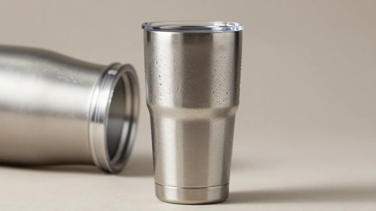 Stainless steel insulated tumbler photographed in studio light with a completely dry, condensation-free exterior